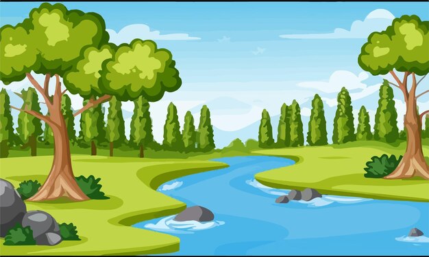 Vector nature forest landscape at daytime scene with long river