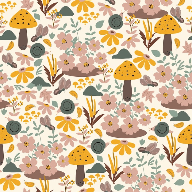  Nature, forest, trees, mushrooms, frog, toad, fern. Hand drawn, vector seamless pattern