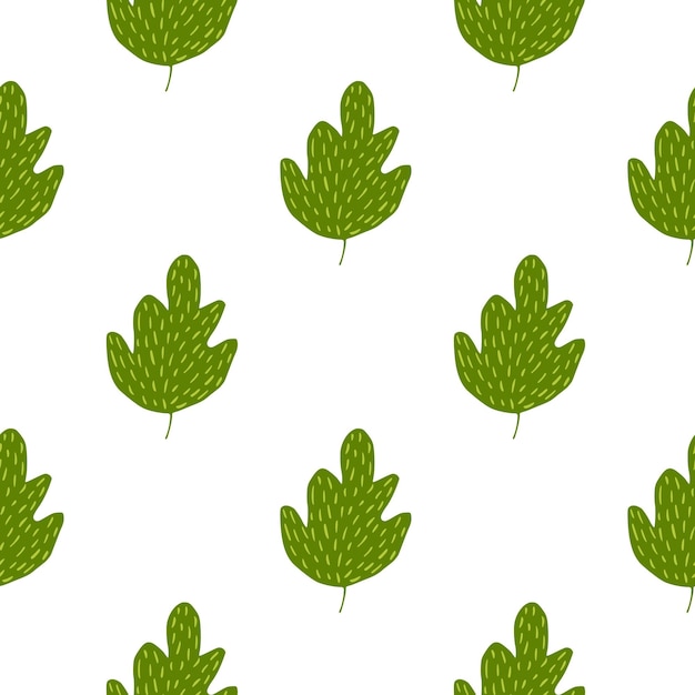 ネイチャーグリーンオークのシームレスなパターンは、白い背景で隔離。幾何学的な葉の背景。シンプルな自然の壁紙。生地のデザイン、テキスタイルプリント、ラッピング、カバーに。落書きベクトルイラスト。