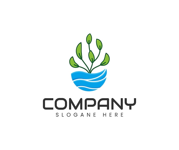 Nature green plant with water wave logo design