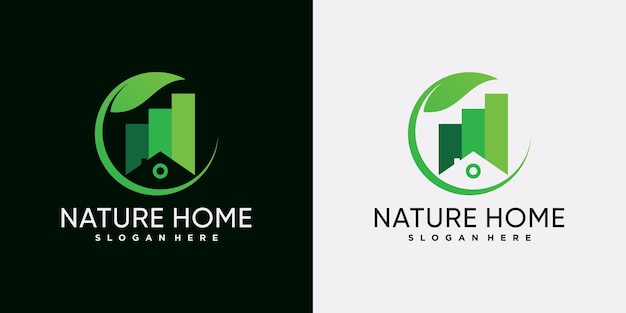 Modello di design del logo della casa della natura con foglia verde ed elemento creativo