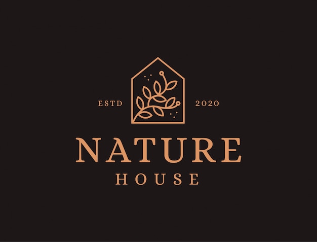 Nature House logo design with lineart style, house shape and leaves branch logo icon template