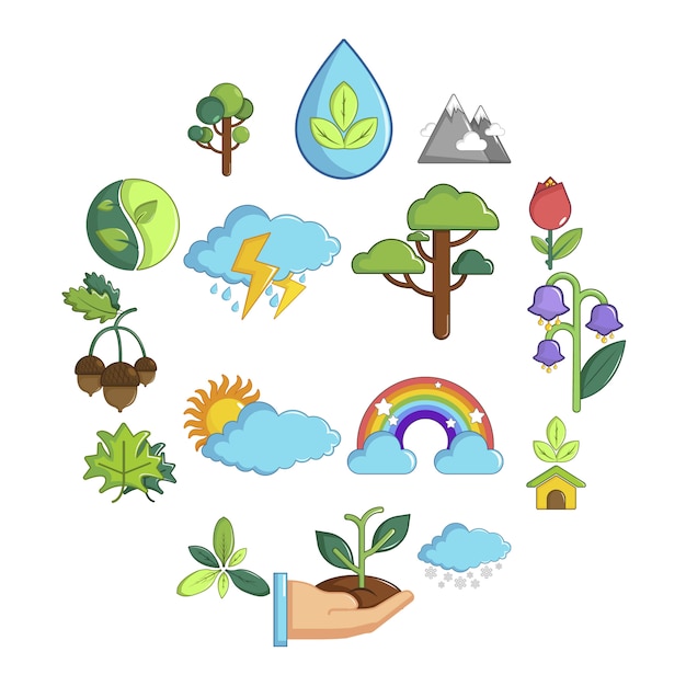 Nature icon set symbols, cartoon style