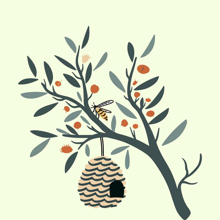 Vector nature illustration with tree branch and beehive