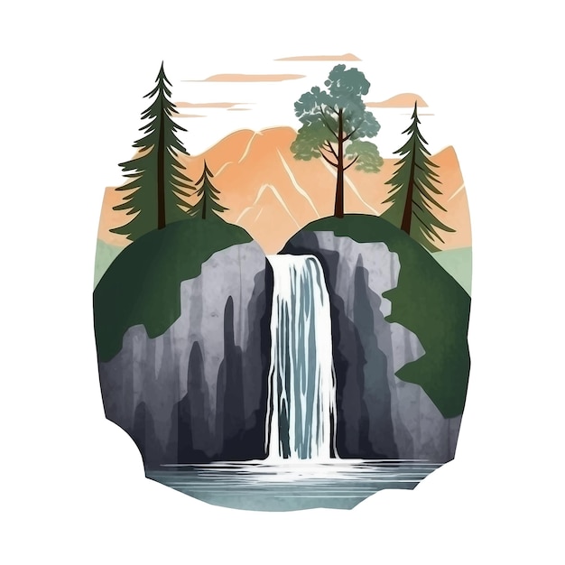 Nature ilustration with waterfall mountains and trees