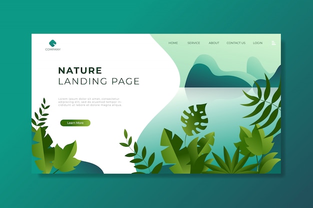 Vector nature landing page with beautiful lake and leaves