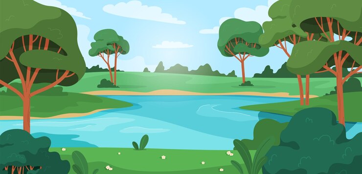 Vector nature landscape background beautiful summer landscape with trees and river vector illustration