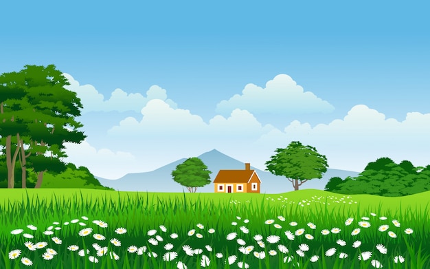 Nature landscape in countryside with house and flowers