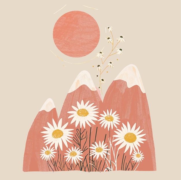 Vector nature landscape illustration with high mountains flowers and sun