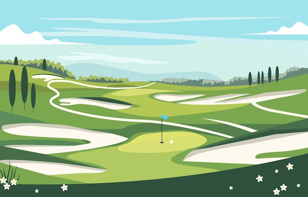 Вектор Природный ландшафт зеленого поля для гольфа с дырой в ярком небе