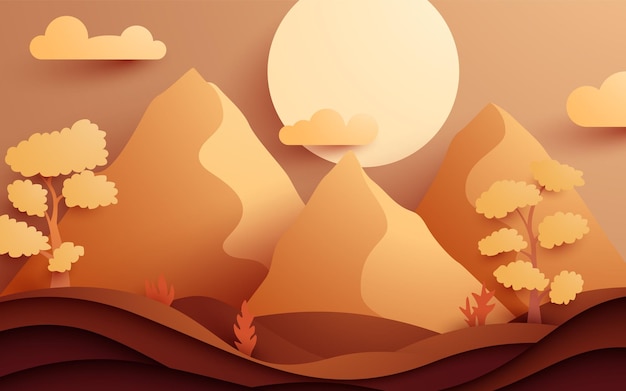 Nature landscape papercut background with mountain and tree