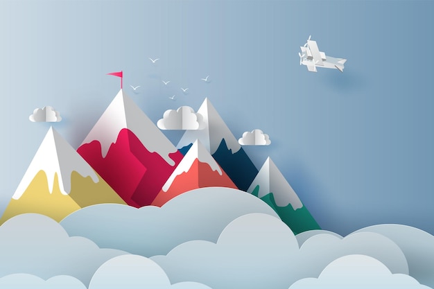 Nature landscape plane flying over targeted top colorful\
mountain with red flag on blue sky.business success and teamwork\
targeted mountain concept idea. creative paper art and digital\
craft style