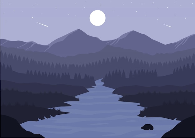 Vettore illustrazione vettoriale del paesaggio naturale. sagome di montagne, fiumi e foreste di pini di notte