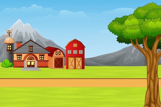 Nature landscape with cartoon country house