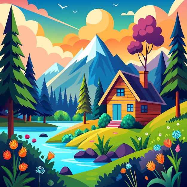 nature landscape with cottage and sky vector illustration