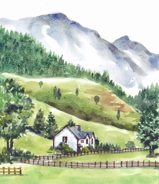 Vettore paesaggio naturale con casa e montagna nella pittura ad acquerello