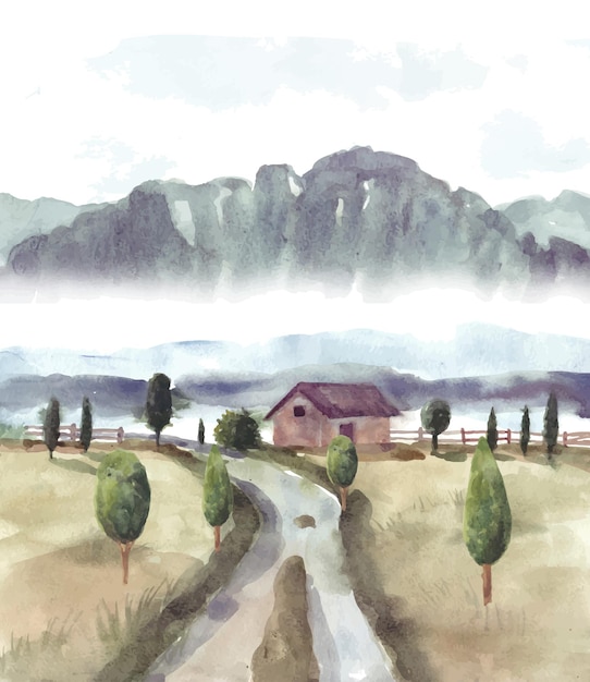 Vector nature landscape with house and road watercolor