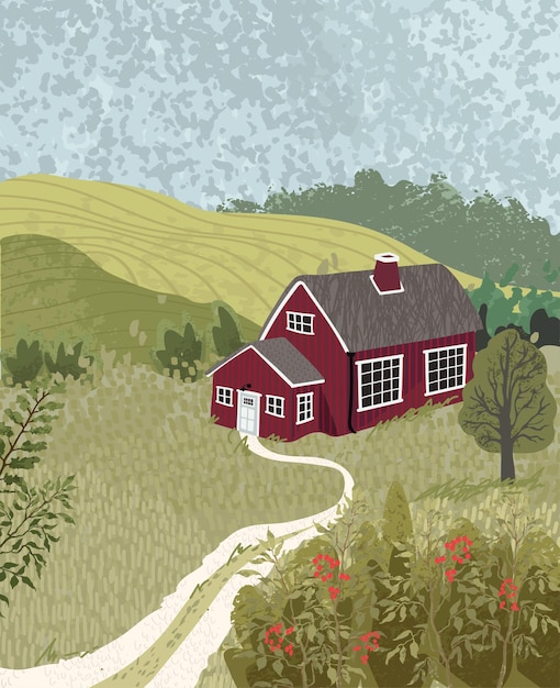 Vector nature landscape with a house in the scandinavian style