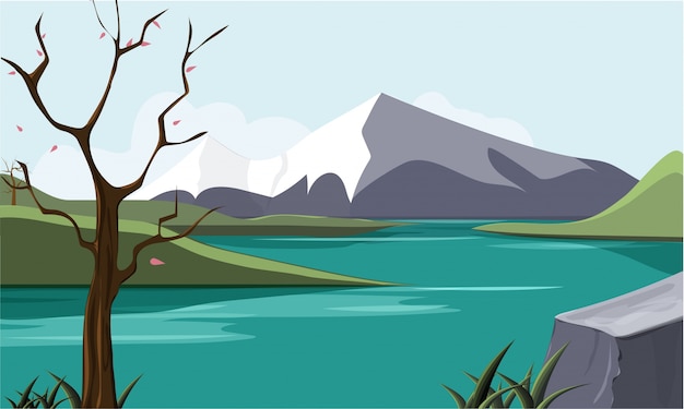 Vector nature landscape with lake and mountains.