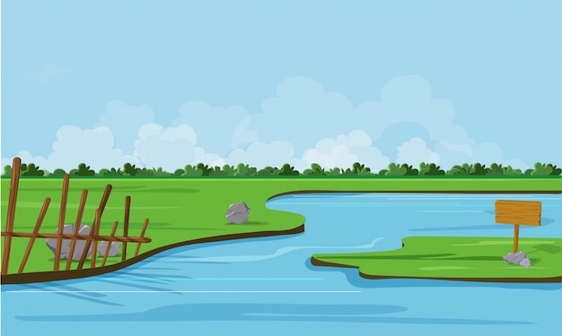 Vector nature landscape with river and green field.