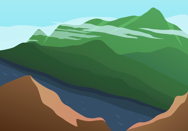 Vector nature landscape with river and hills mountains landscape cartoon illustration