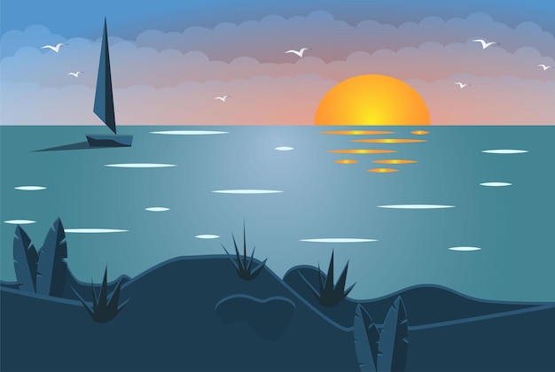 Vector nature landscape with sea view on the sunset creative background of landscape panorama