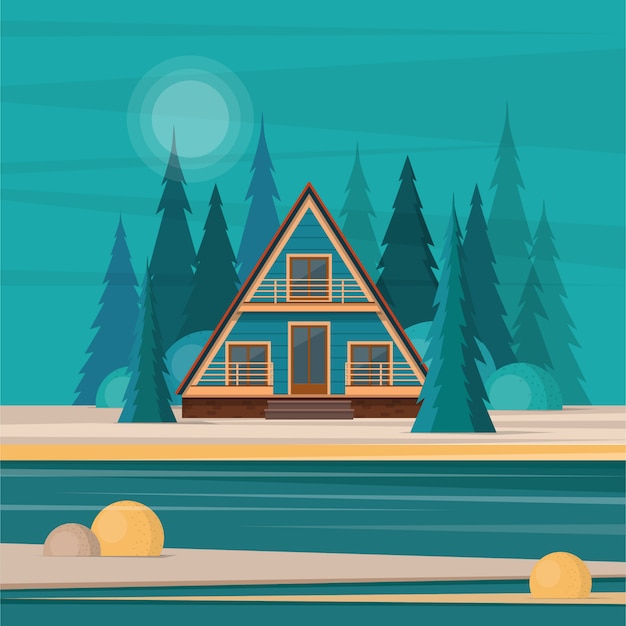 Vector nature landscape with secluded hut in the middle of fir forest a