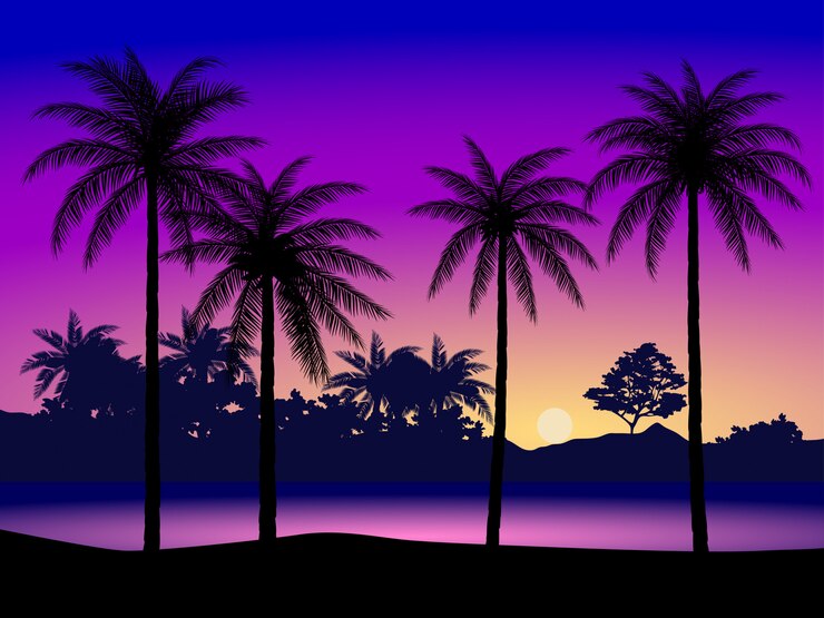 Vector nature landscape with silhouette of coconut trees and colorful sky at sunset