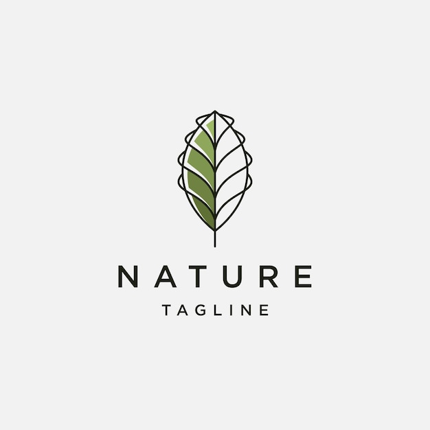 Vettore piatto del modello di progettazione del logo della linea della foglia della natura