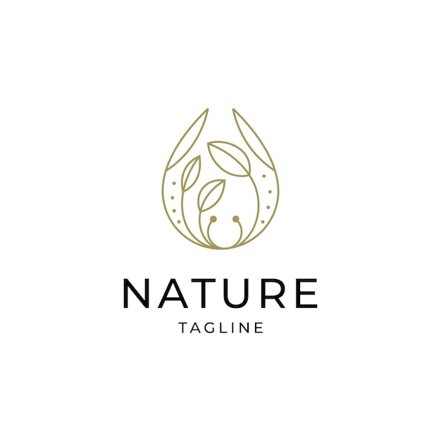 Logo della pianta a foglia naturale con combinazione di gocce d'acqua in stile design line art