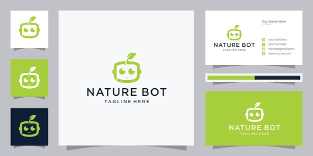Дизайн логотипа робота из листьев природы с визитной карточкой