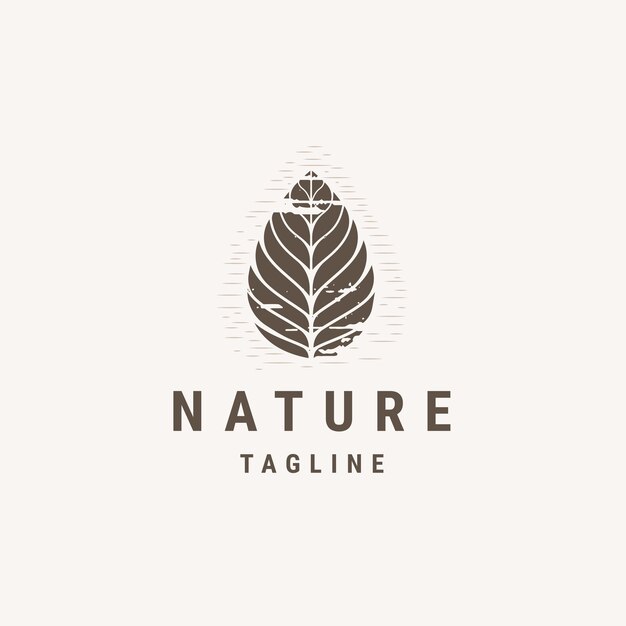 La natura lascia nell'illustrazione piana di vettore del modello di progettazione di logo di forma vintage