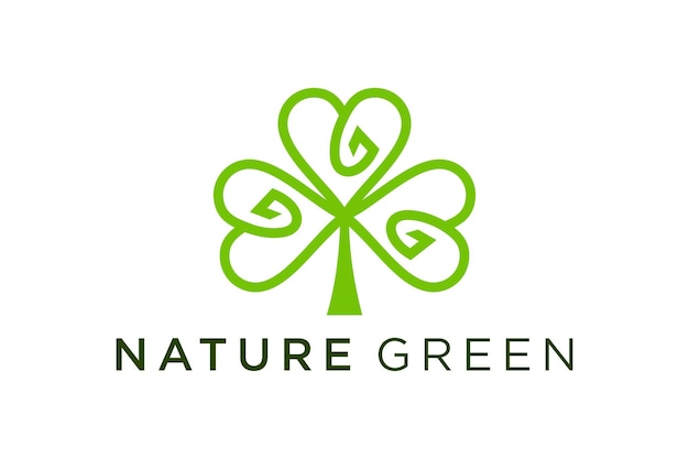 자연 로고 디자인: G 문자 기호를 가진 클로버 잎, 유기 환경