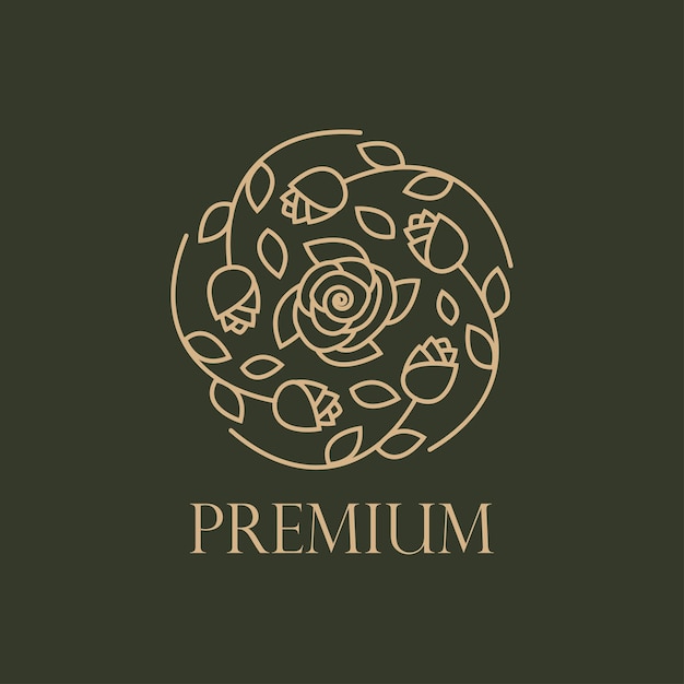 Nature logo with golden flowers in circle, floral or flat logo, vector premium logo