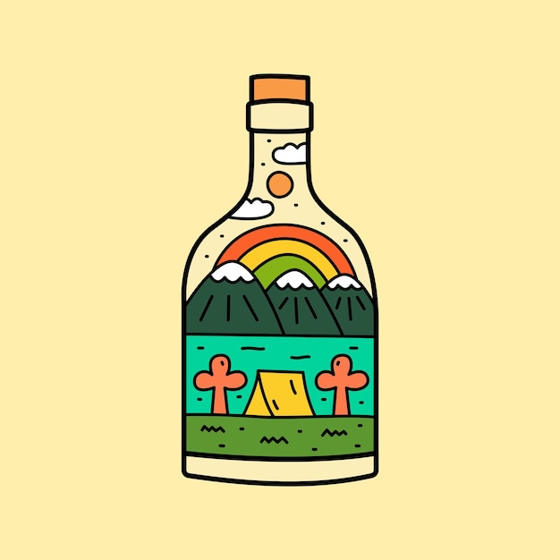 Природный горный лагерь и радуга в форме бутылки для наклейки на футболку и т. Д.
