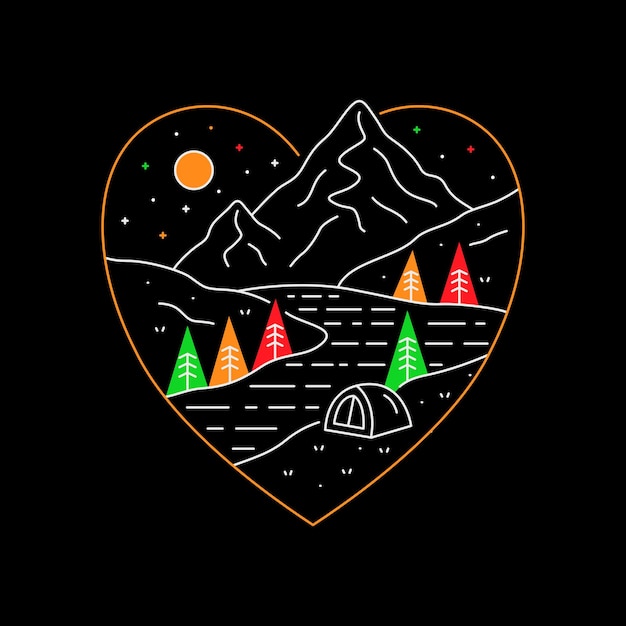 tshirt 배지 스티커 등을위한 사랑 모양 디자인의 자연 산과 강 근처에서 캠핑