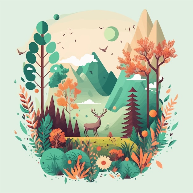 Nature Mountain Forest Jungle Landscape Background in Vector Flat Color