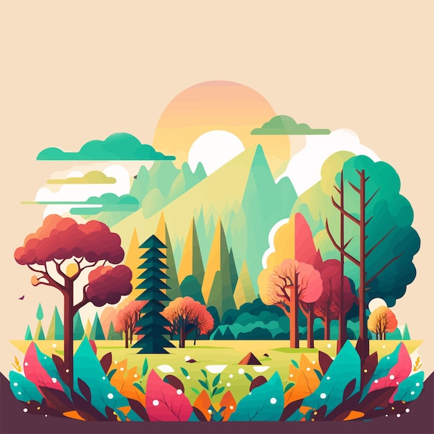 Nature Mountain Forest Jungle Landscape Background in Vector Flat Color