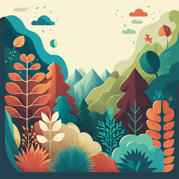 Vector nature mountain forest jungle landscape background in vector flat color