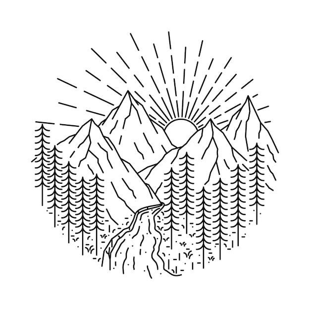 Vector nature mountain river wild line illustration