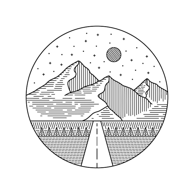 Nature mountain road on the night in mono line art for sticker tshirt badge etc