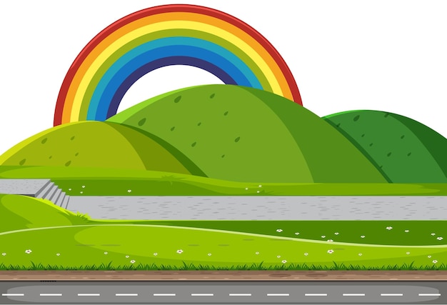 Vector nature mountain with rainbow scene in cartoon style