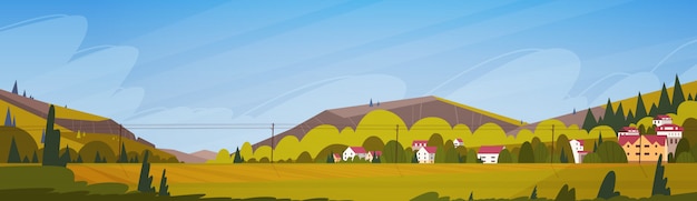 Vector nature mountains summer landscape with small village horizontal banner