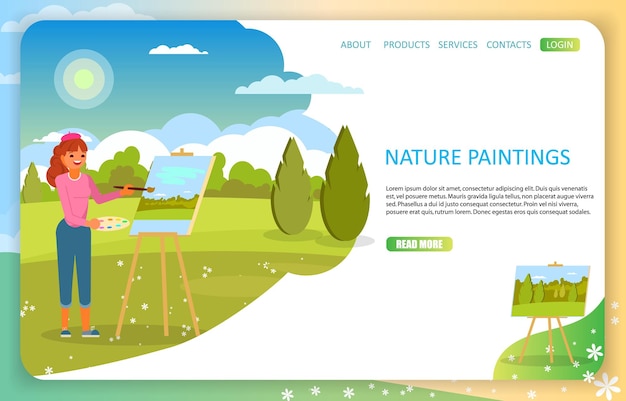 Nature paintings landing page website vector template