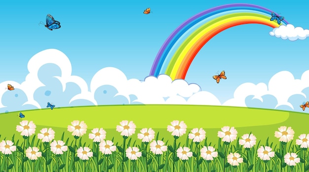 Vector nature park scene background with rainbow in the sky