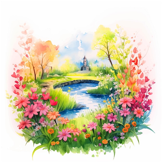 Nature park with river watercolor paint