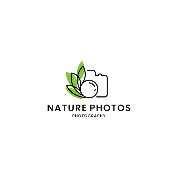 Design del logo delle foto della natura. fotocamera con mietitrebbia a foglia