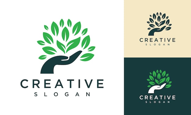 Nature plant hand logo design template Nature and hand plant logo design inspiration