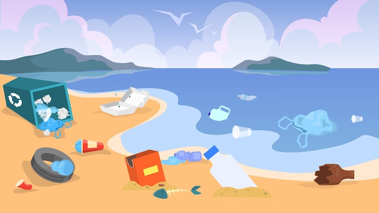 Vector 자연 오염. 해변의 쓰레기와 쓰레기, 위험