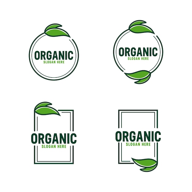 Vettore prodotto naturale, scarabocchiare emblemi di foglie verdi organiche, adesivi, cornici e logo